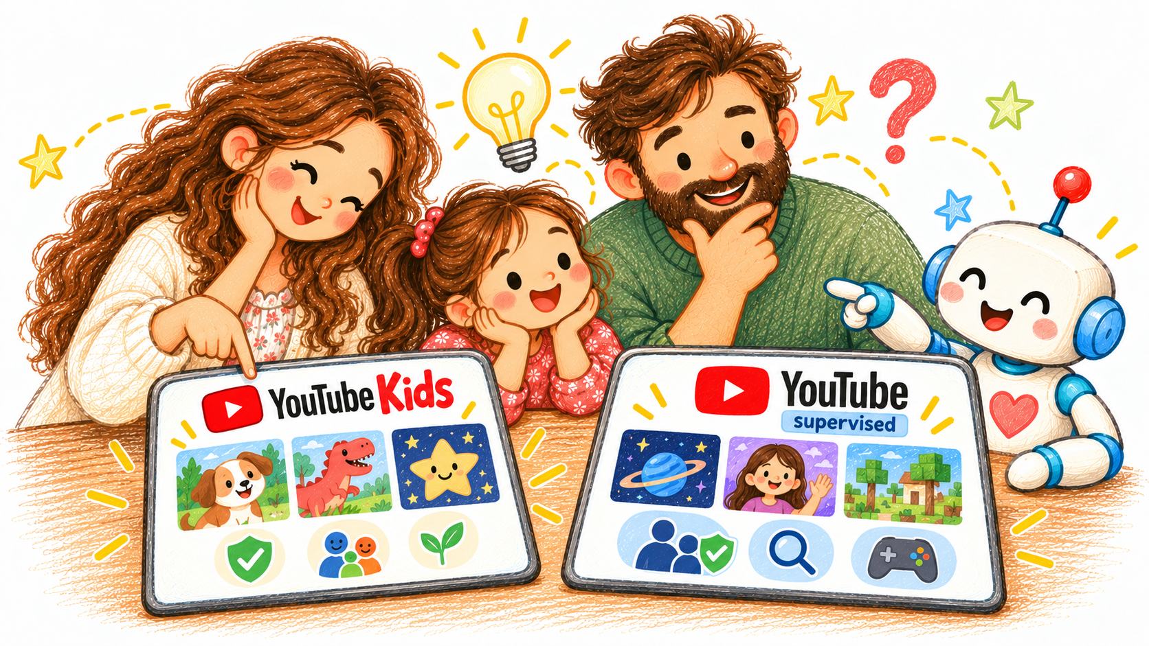 Illustrated family with a robot examining two tablet-like panels labelled YouTube Kids and supervised YouTube, each showing sample children's video choices.